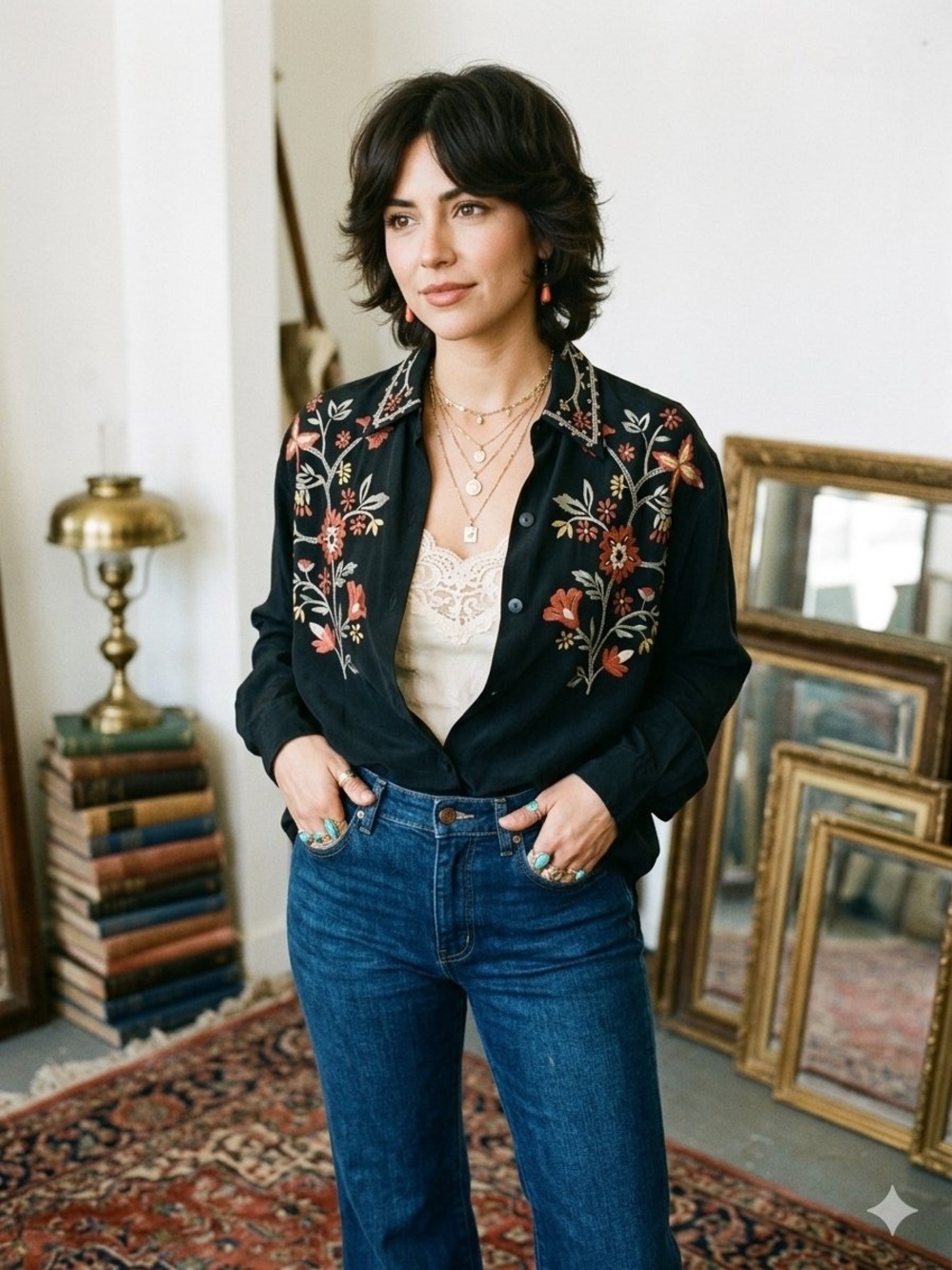 Rare Vintage Et Vous Women's Black Embroidered Floral Button-Down Shirt EUC